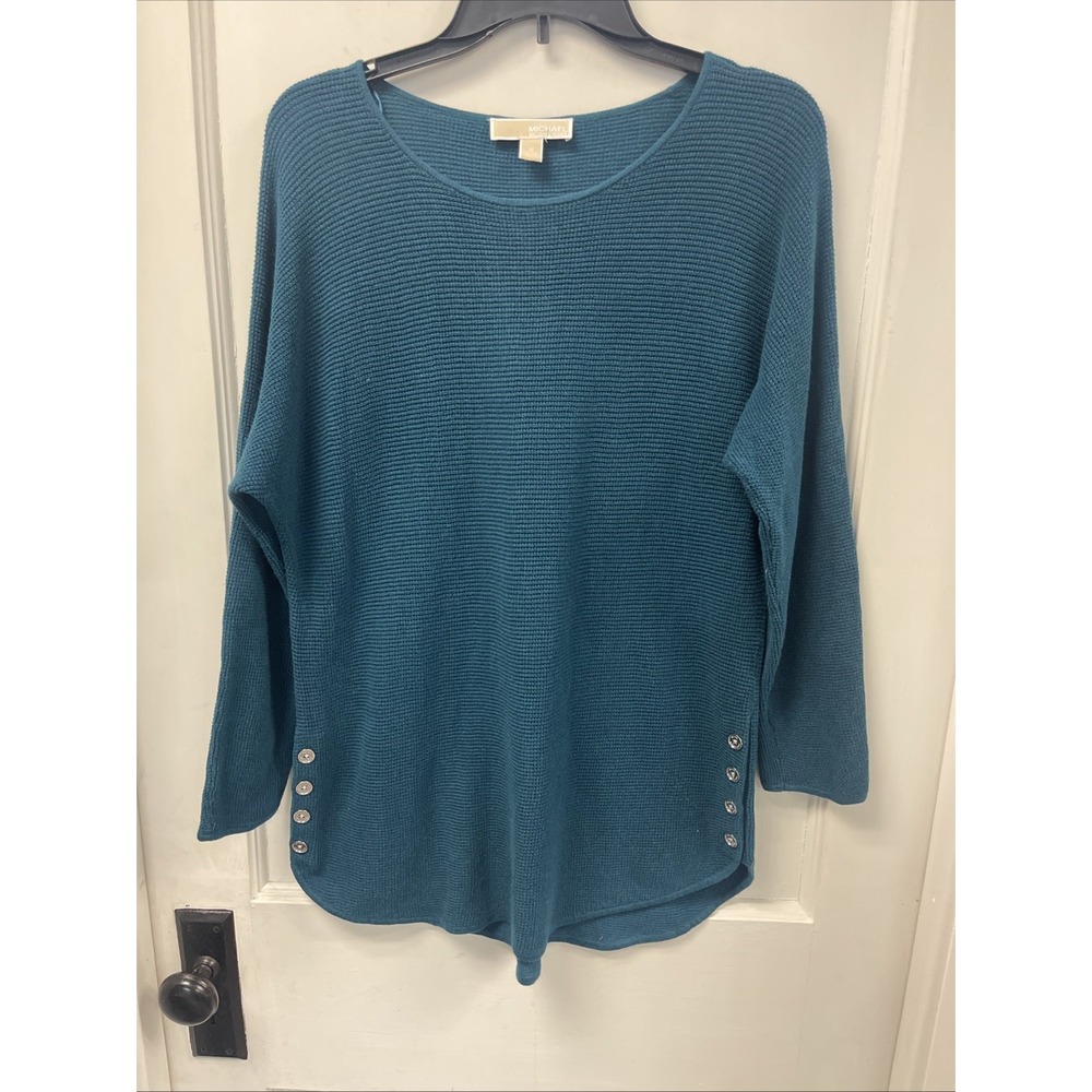 Michael Kors Turquoise Waffle Knit Button On Sides Tunic Sweater Medium